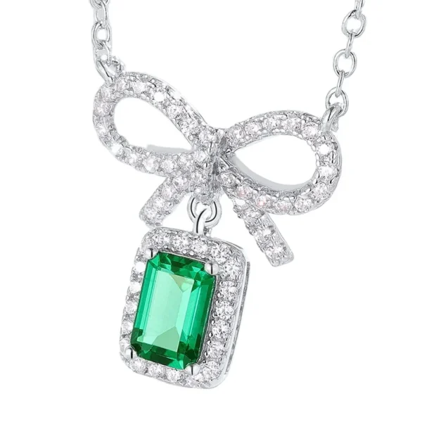 925 Tarnish-Free Silver Knot Style Female Necklace European American Cross-Shape Bow Pendant 0.5CT Cultivated Emerald Stone Gem