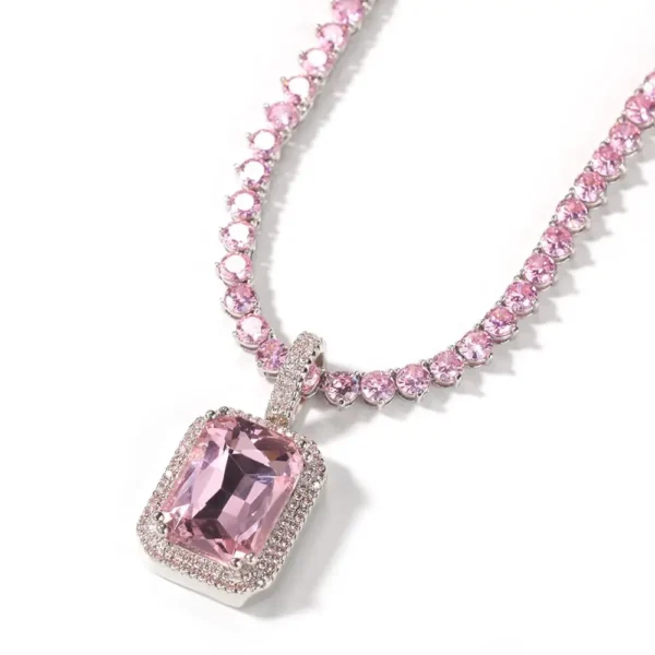 Iced Out Bling Pink Tennis Chain Gem Red Green Blue Pink Ruby Charm Custom Rapper Pendant Necklace Women Men Gift - Image 2