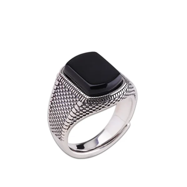 Vintage Turkish Thai Silver Style Natural Black Agate Stone 925 Silver Mens Ring - Image 2