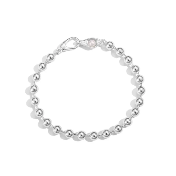 Dylam Stylish Non Tarnish 925 Sterling Silver Rhodium Plated Simplicity Pearl Silver Beaded Chain Bangle & Bracelet