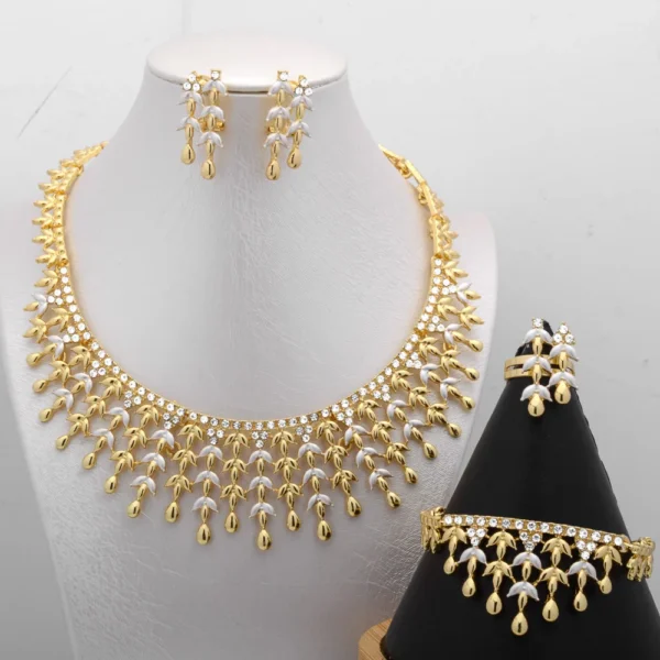 4 Piece Womens Full 14K Gold Plated Pictures Necklace and Earrings Jewelry Set Luxury Jewelry Set in Dubai Gold - Image 2