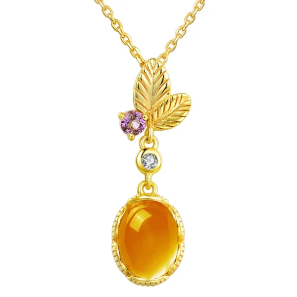 Amber Pendant Long 100%Natural Gemstone 925 Sterling Silver 7x9mm Oval Yellow Citrine Necklace S925 for Women NI010