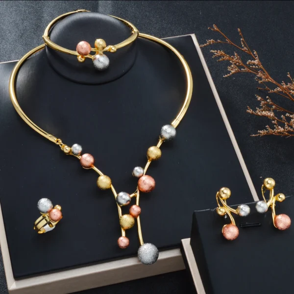 Luxury 4 Piece Womens Full 14K Gold Plated Pictures Ball Necklace and Earrings Jewelry Set