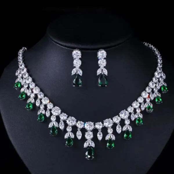 AAA Cubic Zirconia Rhinestone Crystal Elegant Bridal Floral Teardrop Necklace Earrings Set - Image 2