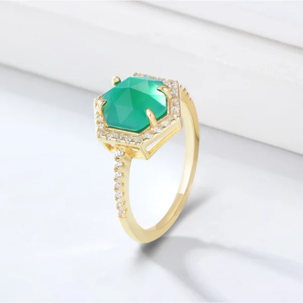 Peishang Women Sterling 925 Silver 14k 18k Gold Plated Diamond Jewelry Green Agate Single Stone Rings Gemstone Jewellery Custom