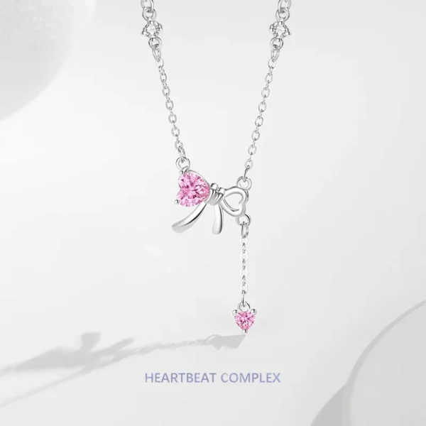 Bowknot Sterling Silver 925 Necklace Female Cute Sweet Style pink Zircon Clavicle Chain