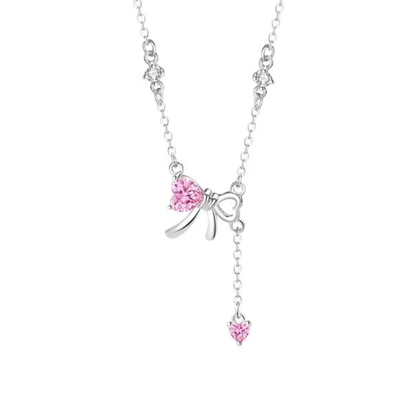 Bowknot Sterling Silver 925 Necklace Female Cute Sweet Style pink Zircon Clavicle Chain - Image 2